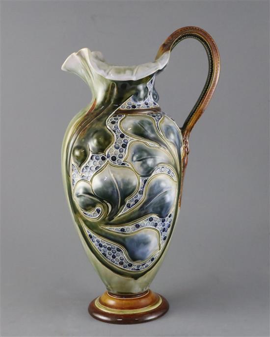 Mark V Marshall for Doulton Lambeth, a large organic-form jug with grotesque mask handle, c.1895, 39.5cm